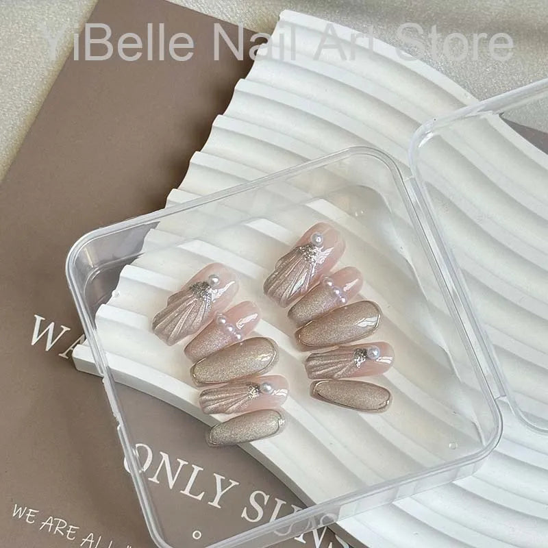 Press-On Nails Muschel-Design – Ballerina Kunstnägel mit Perlen