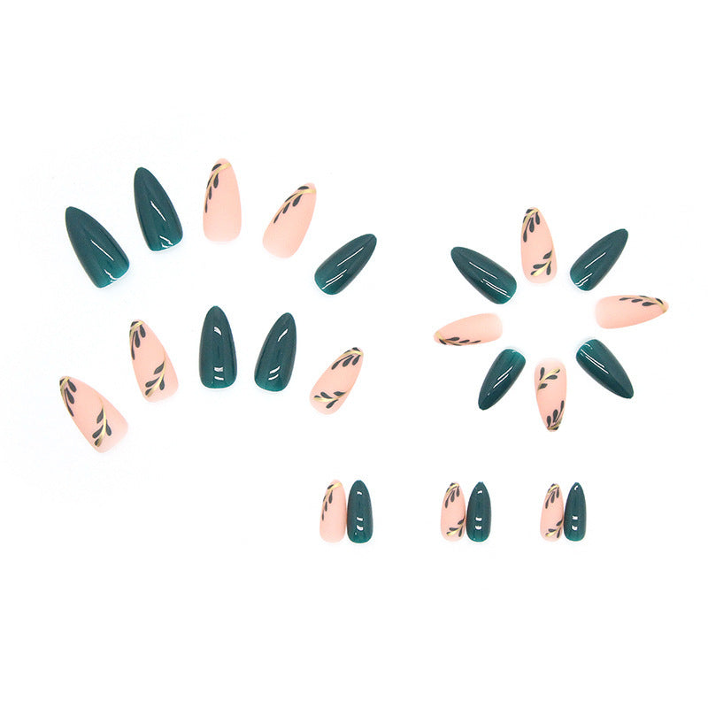 Press-On Nails Grüne Blätter – Mandelförmige French Kunstnägel