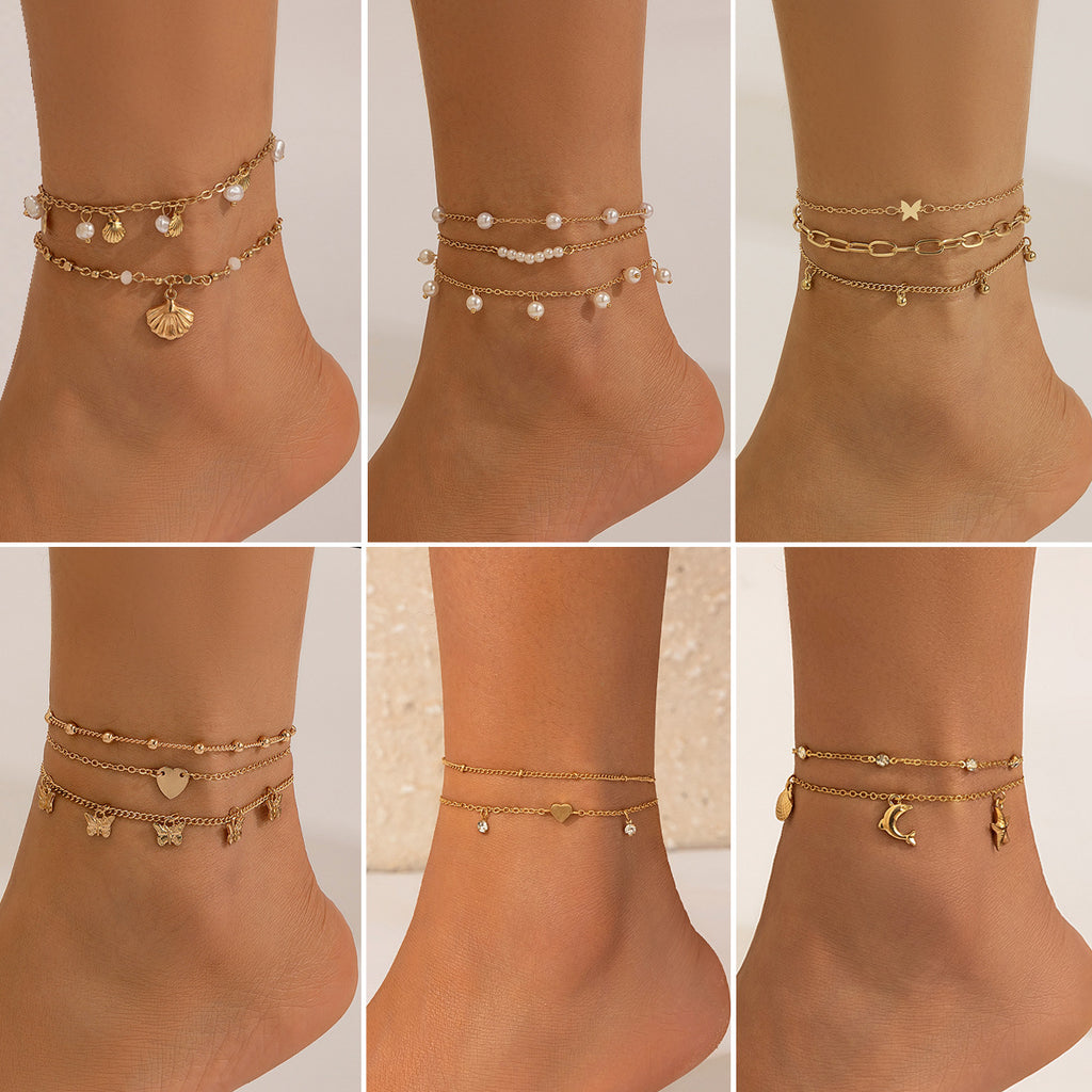 Beach Anklet Set – Stern, Schmetterling, Perlen & Muscheln | Ocean Style