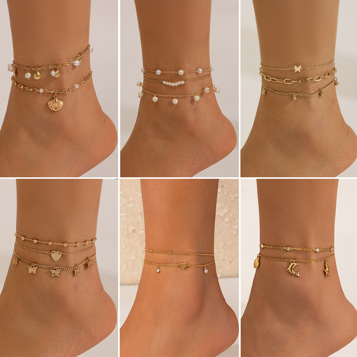 Beach Anklet Set – Stern, Schmetterling, Perlen & Muscheln | Ocean Style