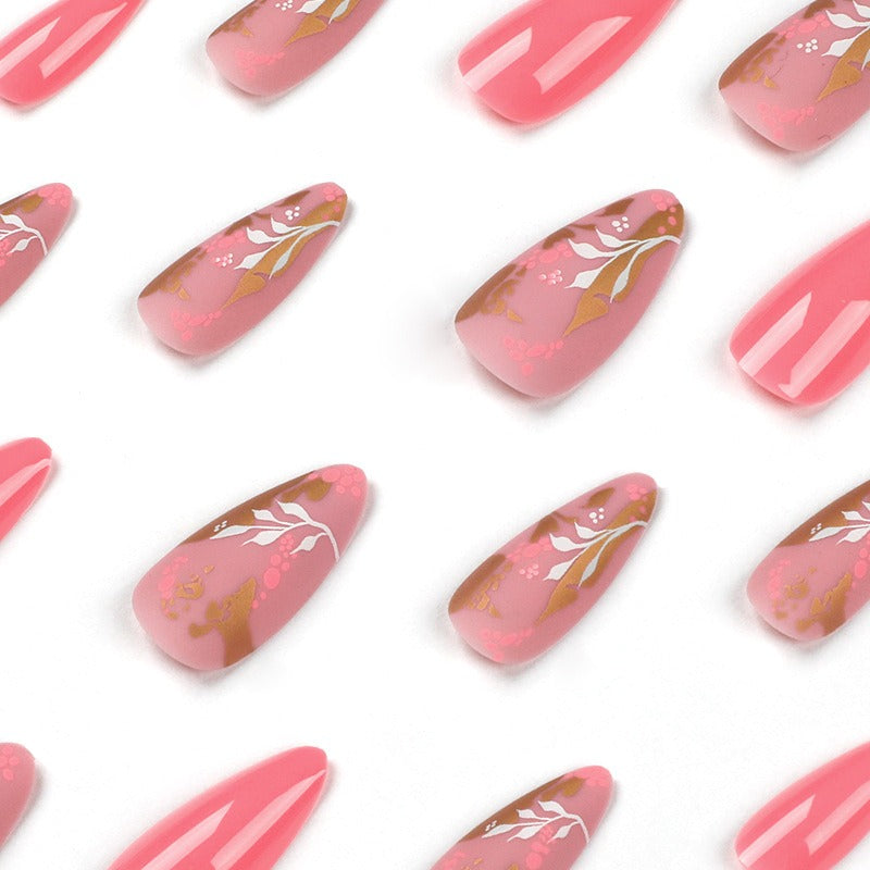 Press-On Nails Pink Goldfolie & Blumen