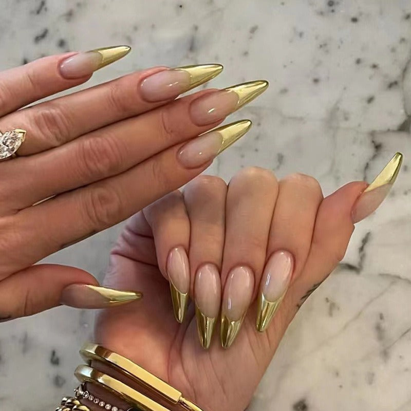 Frensh Nails Damen Perlmutt Gold – Künstliche Mandelform Fingernägel