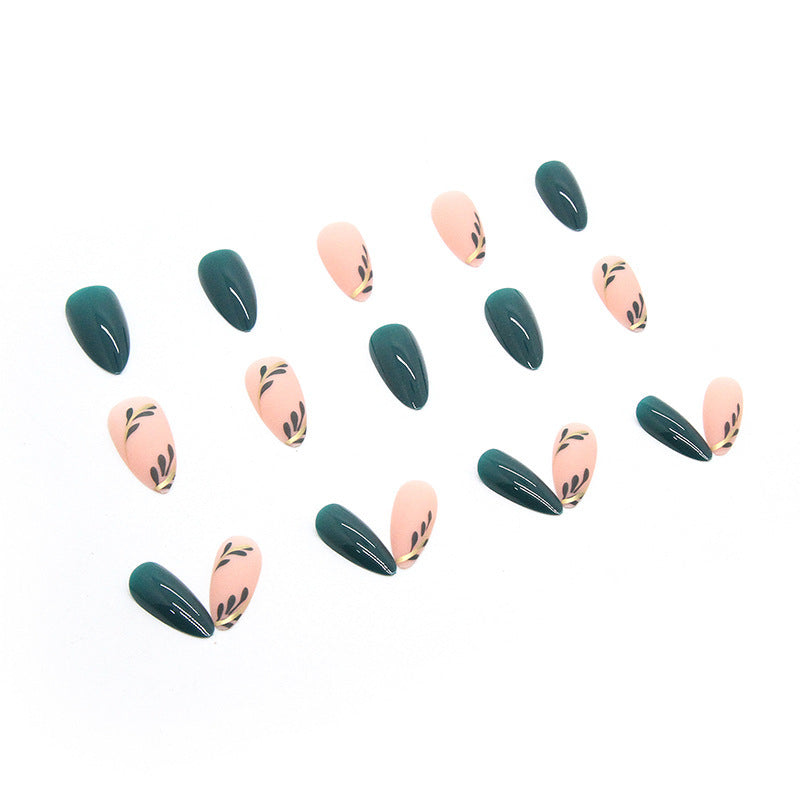 Press-On Nails Grüne Blätter – Mandelförmige French Kunstnägel