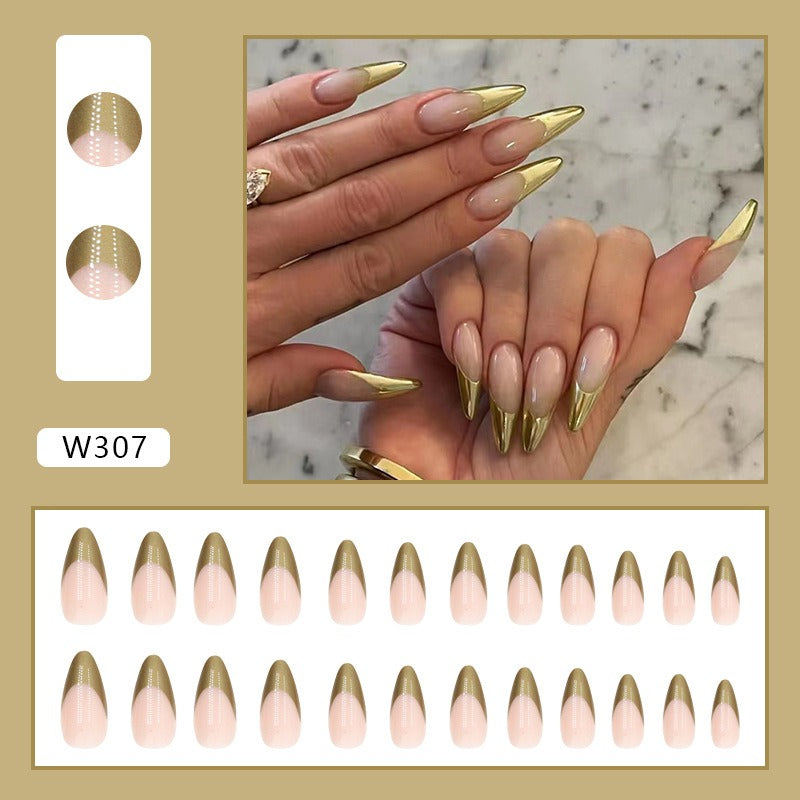 Frensh Nails Damen Perlmutt Gold – Künstliche Mandelform Fingernägel