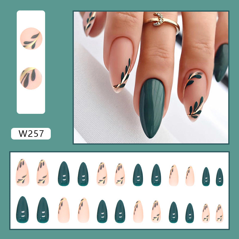 Press-On Nails Grüne Blätter – Mandelförmige French Kunstnägel