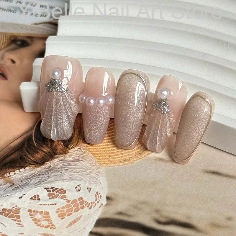 Press-On Nails Muschel-Design – Ballerina Kunstnägel mit Perlen
