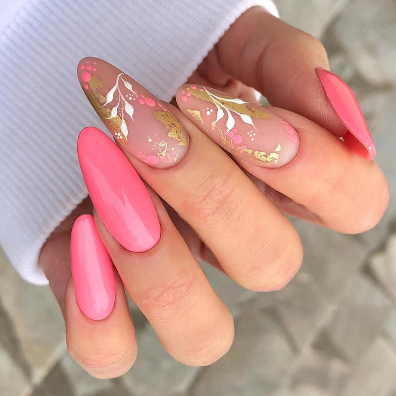 Press-On Nails Pink Goldfolie & Blumen