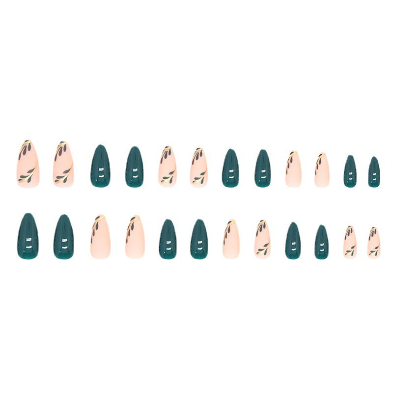 Press-On Nails Grüne Blätter – Mandelförmige French Kunstnägel
