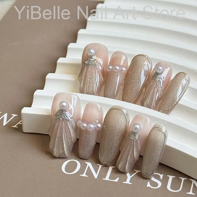 Press-On Nails Muschel-Design – Ballerina Kunstnägel mit Perlen