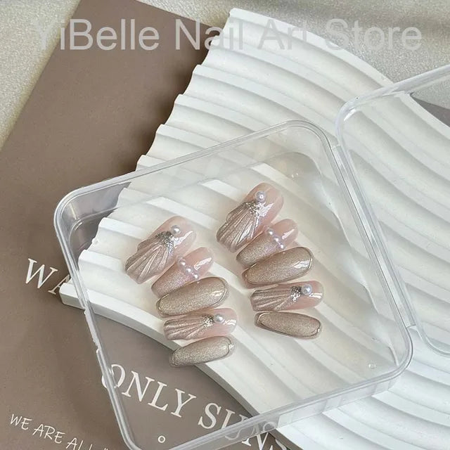 Press-On Nails Muschel-Design – Ballerina Kunstnägel mit Perlen