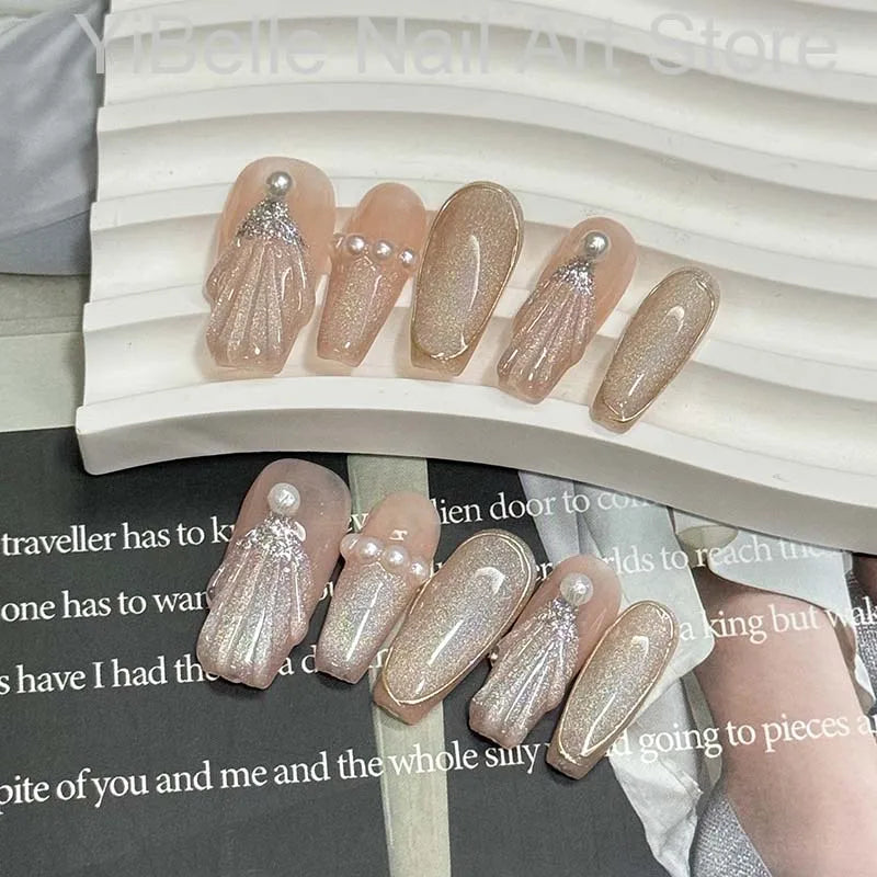 Press-On Nails Muschel-Design – Ballerina Kunstnägel mit Perlen